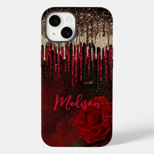 Chic red flower gold drips glitter monogram Case_Mate iPhone 14 case
