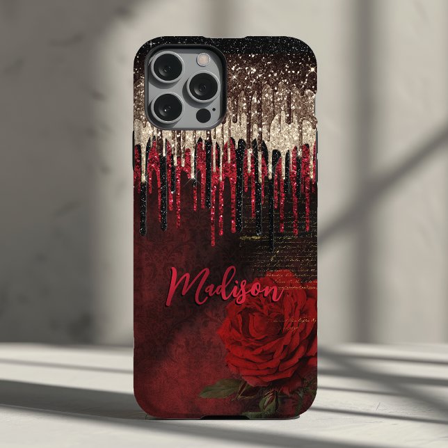 Chic red flower gold drips glitter monogram Case-Mate iPhone case (Creator Uploaded)