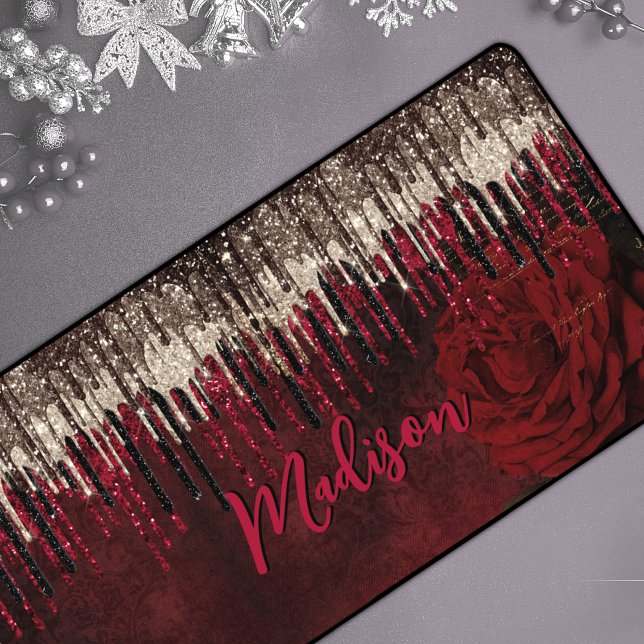 Chic red flower gold drips glitter monogram desk mat (Creator Uploaded)