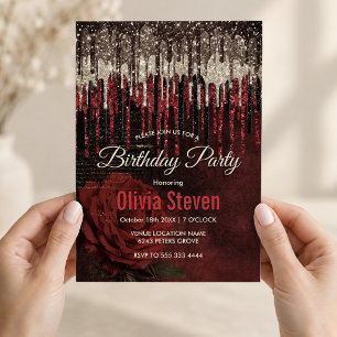 Chic red flower gold drips glitter monogram invitation