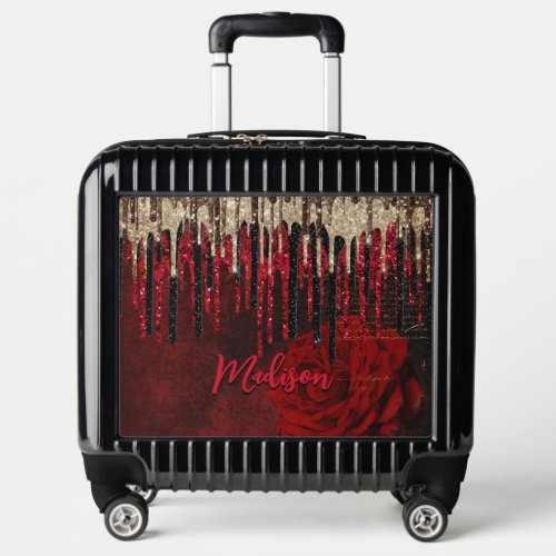 Chic red flower gold drips glitter monogram luggage