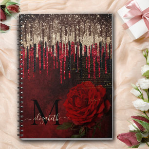 Chic red flower gold drips glitter monogram notebook