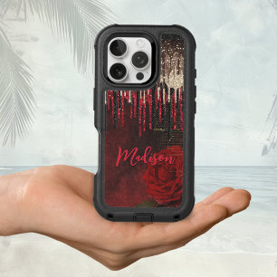 Chic red flower gold drips glitter monogram iPhone 16 pro case