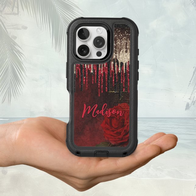 Chic red flower gold drips glitter monogram otterbox iPhone case (Creator Uploaded)