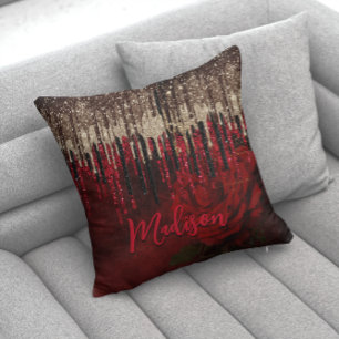 Chic red flower gold drips glitter monogram throw pillow