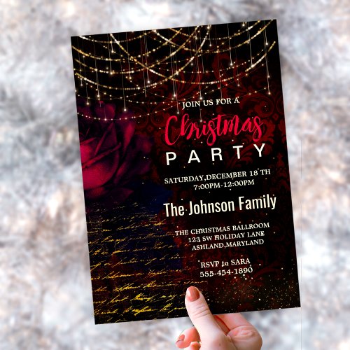 Chic red flower holiday lights Christmas  Invitation