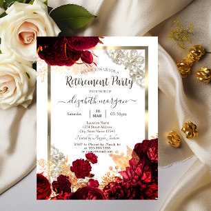 Chic Red Flowers Gold Frame Retirement Invitation