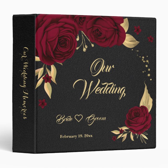 chic red flowers gold leaves black photo album 3 ring binder (Front/Spine)