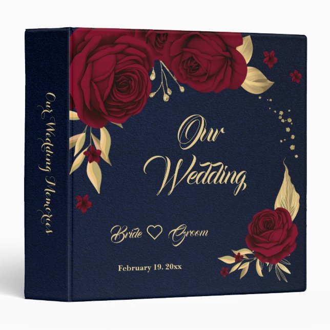 chic red flowers gold leaves navy photo album 3 ring binder (Front/Spine)