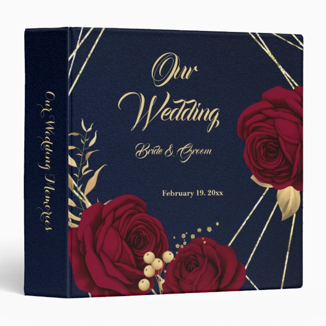 chic red flowers gold leaves navy photo album 3 ring binder (Front/Spine)