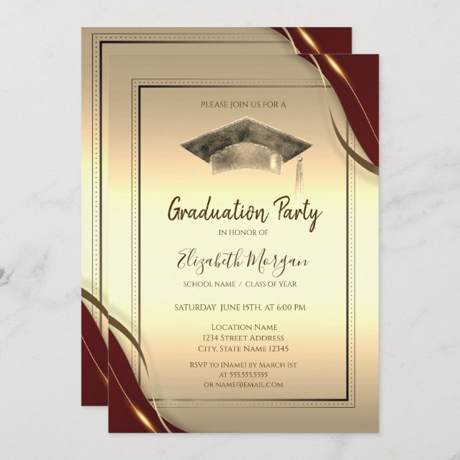 Chic Red Frame,Graduation Cap Gold Graduation Invitation (Front/Back)