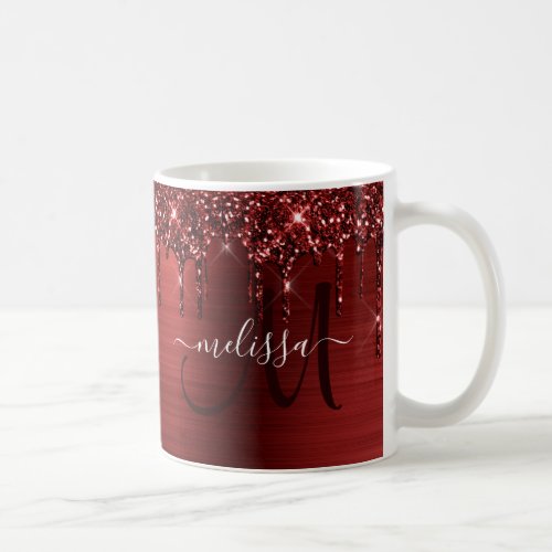 Chic Red Glitter Drips Brushed Metal Monogram Coffee Mug