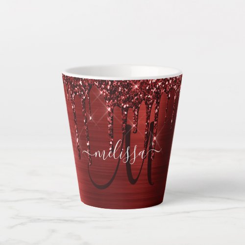 Chic Red Glitter Drips Brushed Metal Monogram Latte Mug