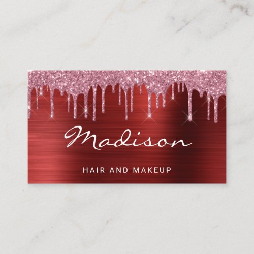 Chic Red Glitter Drips Stylist Business Card