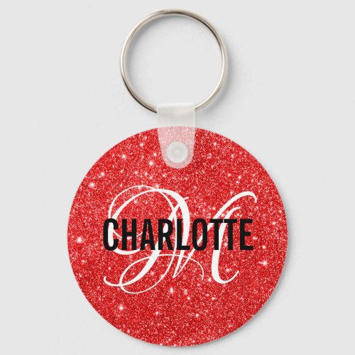 Chic red glitter monogram name  keychain