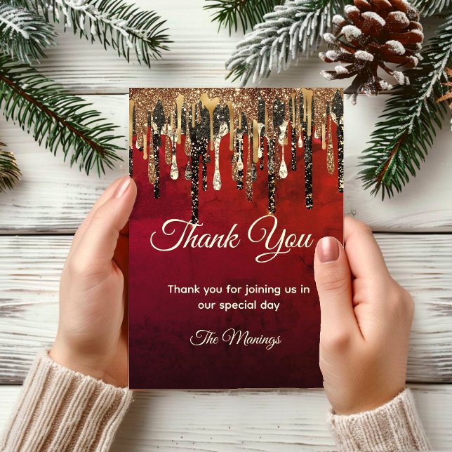 Chic red gold black glitter drips thank you card (Creator Uploaded)