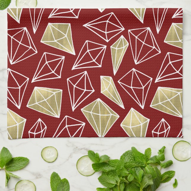 Chic Red Gold Diamonds Christmas Kitchen Towel (Folded)