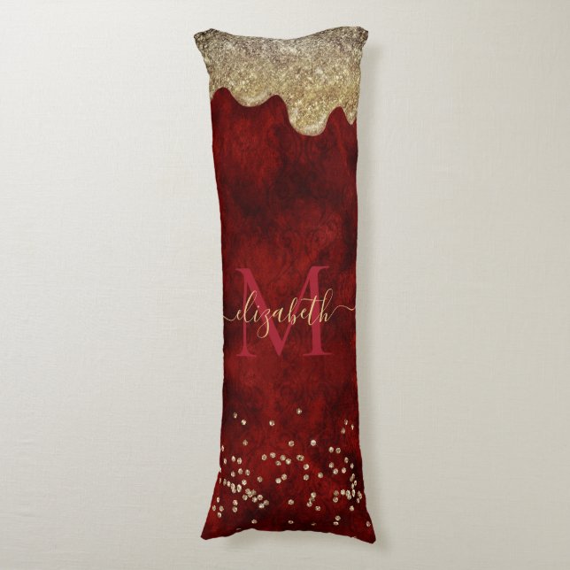 Chic red gold drippings glitter monogram body pillow (Front Vertical)