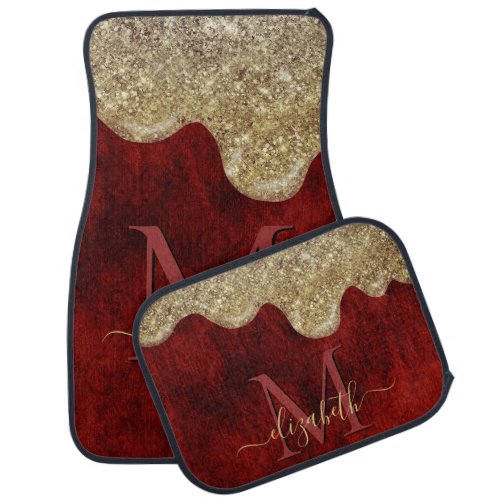 Chic red gold drippings glitter monogram car floor mat