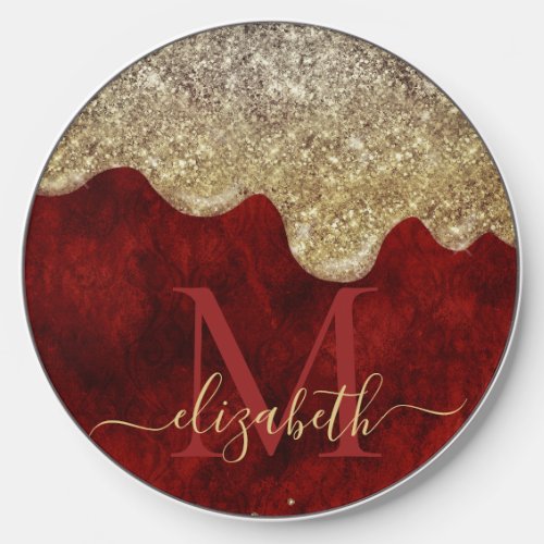 Chic red gold drippings glitter monogram wireless charger 