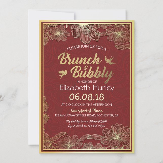 Chic Red Gold Floral Brunch & Bubbly Bridal Shower Invitation (Front)