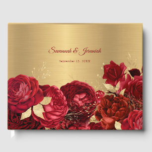 Chic Red Gold Floral Customizable Wedding Guest Book