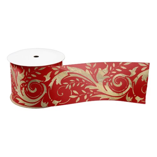 Chic Red Gold Floral Scroll Modern Pattern Satin Ribbon