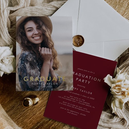 Chic Red Gold Foil Photo Graduation Party Foil Invitation