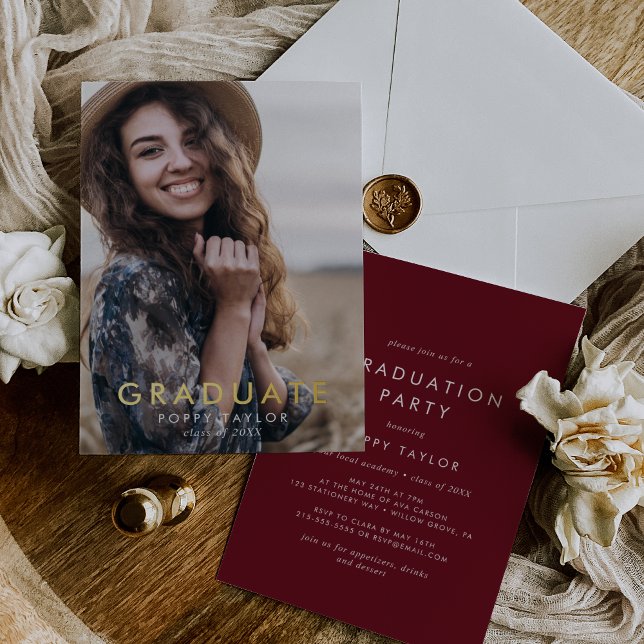 Chic Red Gold Foil Photo Graduation Party Foil Invitation (Creator Uploaded)