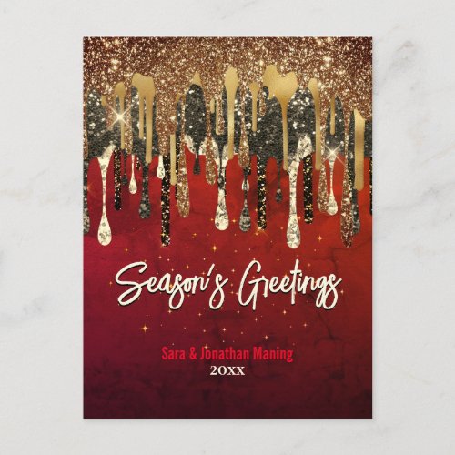 Chic red gold glitter drips Christmas new year Postcard