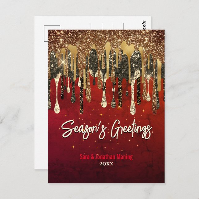 Chic red gold glitter drips Christmas new year Postcard (Front/Back)