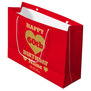 Chic Red & Gold Glitter Heart Happy 60th Birthday Large Gift Bag