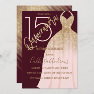 Chic Red Gold Glitter Princess Dress Quinceanera Invitation