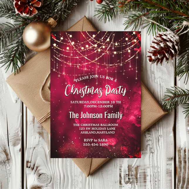 Chic red gold holiday lights Christmas  Invitation (Creator Uploaded)