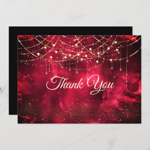 Chic red gold holiday lights  thank you card