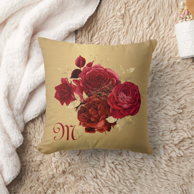 Chic Red Gold Monogram Initial Customizable Throw Pillow (Blanket)