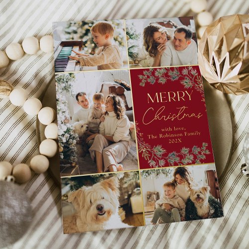 Chic Red Gold Photo Collage Merry Christmas Card