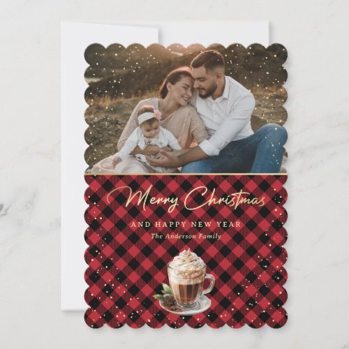 Chic Red Gold Plaid Photo Merry Christmas Holiday Card