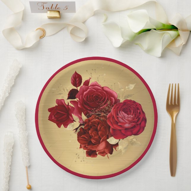 Chic Red Gold Roses Floral Paper Plates (Wedding)
