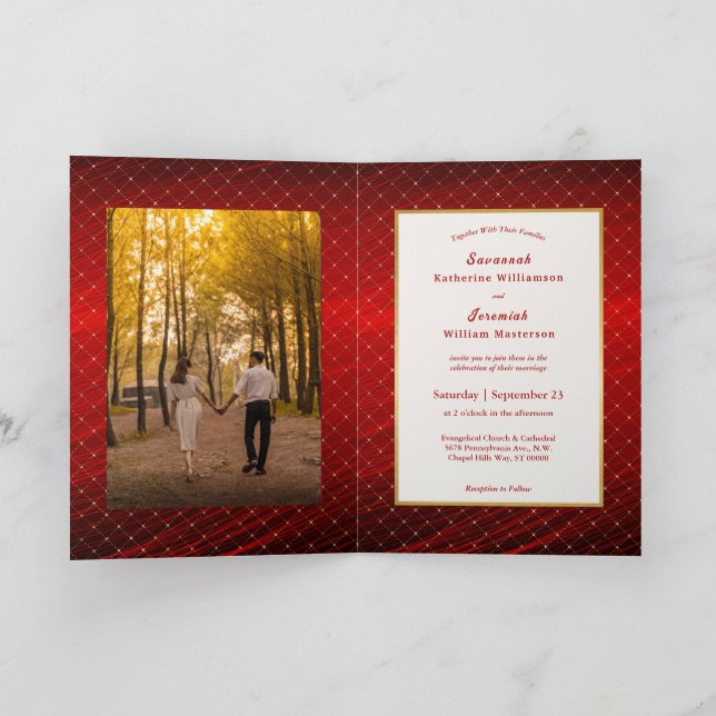 Chic Red Gold Squares Customizable Bifold Wedding Invitation (Inside)