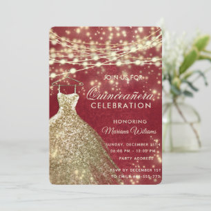 Chic red gold String lights glitter dress Quince Invitation