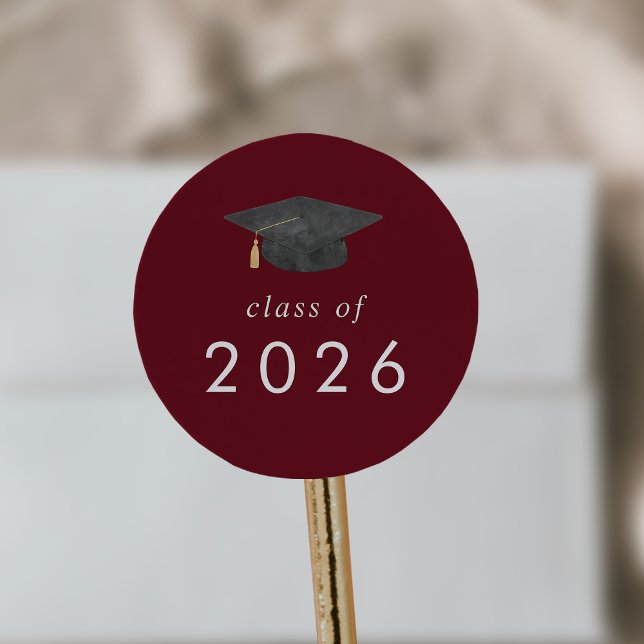 Chic Red Grad Cap Class of 2026 Graduation Classic Round Sticker (Chic Red Grad Cap Class of 2026 Graduation Classic Round Sticker)