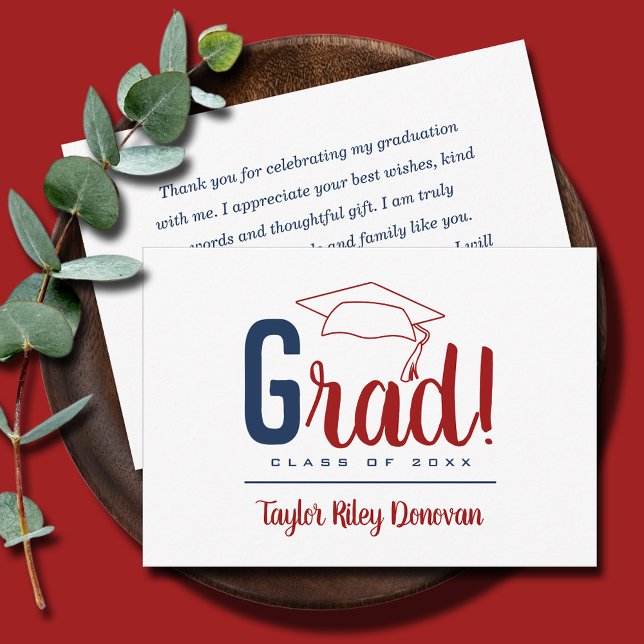 Chic Red Grad Cap Graduation Note Card (3.5" x 5" navy blue and red Grad and graduation cap flat note cards, your message on the back)