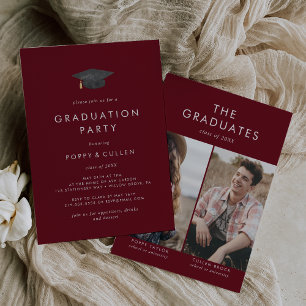 Chic Red Grad Cap Photo Double Graduation Party Invitation