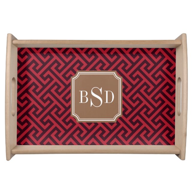 Chic red greek key geometric patterns monogram serving tray (Front)