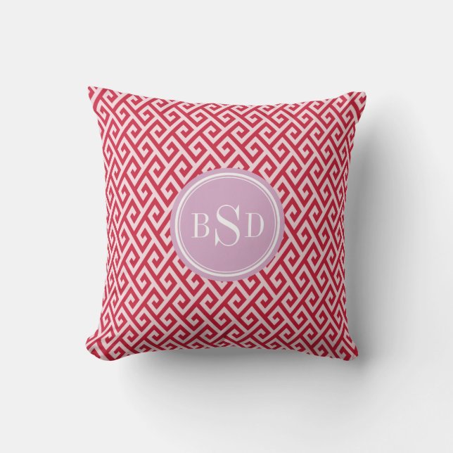 Chic red greek key geometric patterns monogram throw pillow (Front)