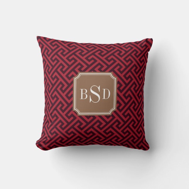 Chic red greek key geometric patterns monogram throw pillow (Front)