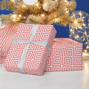 Chic red greek key geometric patterns monogram wrapping paper
