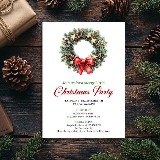 Chic Red Green Pine Wreath Christmas Party Card (Chic Red Green Pine Wreath Christmas Party Card)