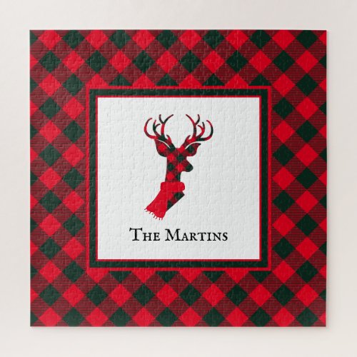 Chic Red Green Plaid Elegant Deer Personalized Jigsaw Puzzle